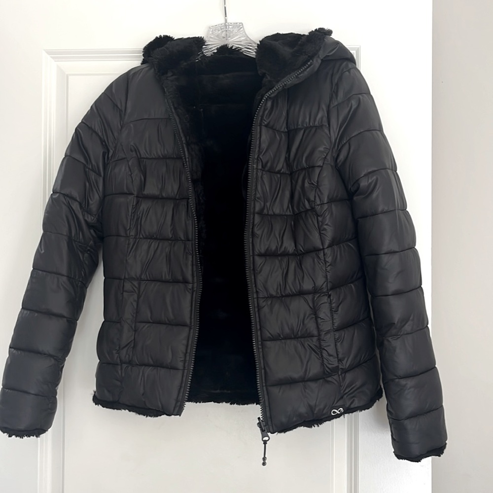 Be Boundless hooded, reversible faux fur jacket